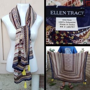 NEW women ELLEN TRACY polyester print scarf tassle